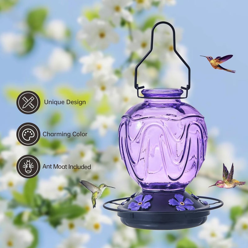 MCHBF Glass Hummingbird Feeder for Outdoors Hanging,24Ozs Humming Bird Nectar Feeder w/Perch,5 Flower Feeding Ports,Leak Proof Base and Hook for Outside Garden Backyard Decor, Gifts for Women Mom,Purple - Image 3